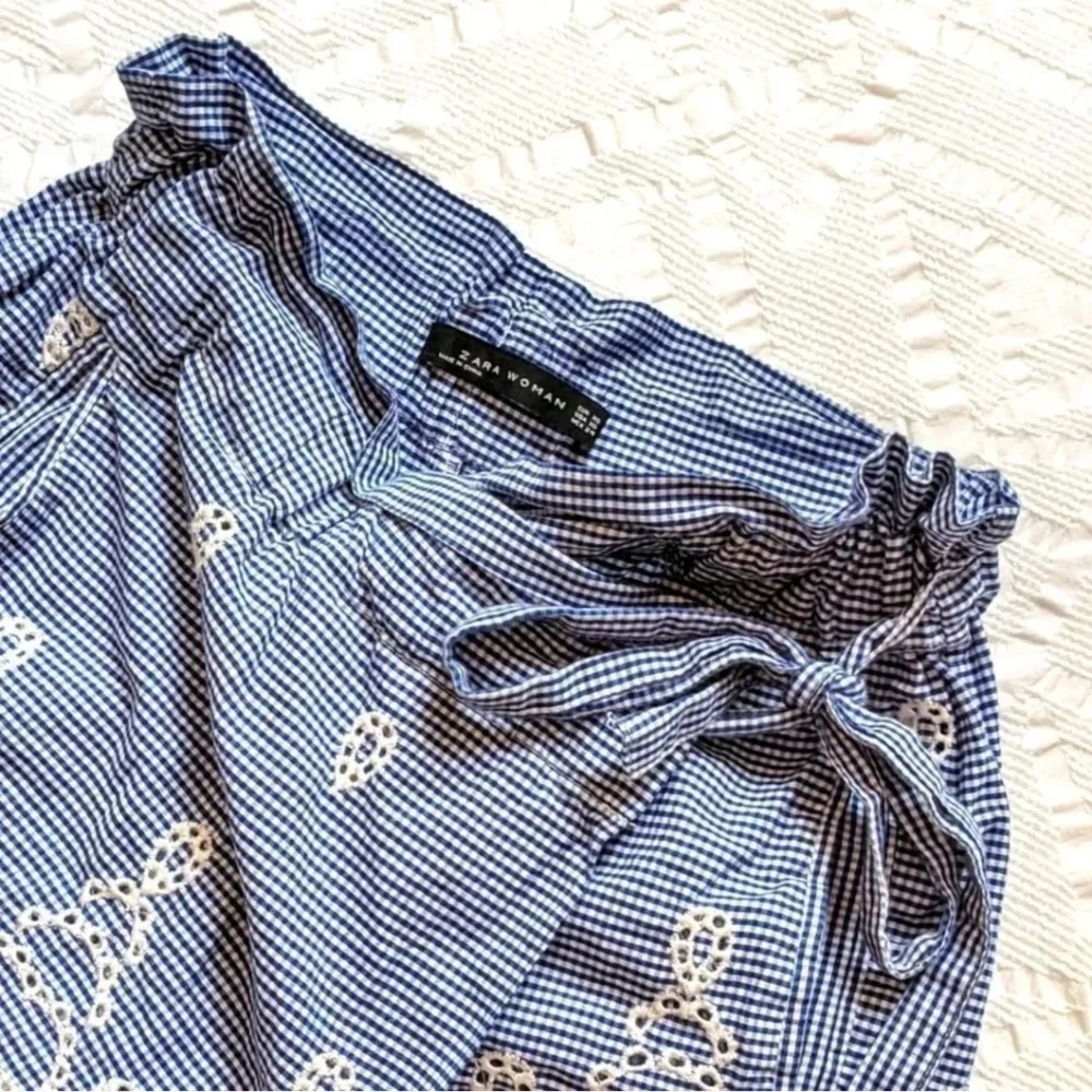 Zara Woman Blue and White Gingham Embroidery Lace Trim Skorts Short Skirt XS - Picture 5 of 9